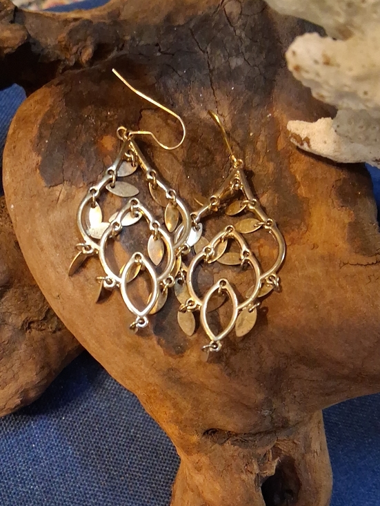 vintage 1980's Jewelry - Gold Leaf Motif Chandelier Earrings